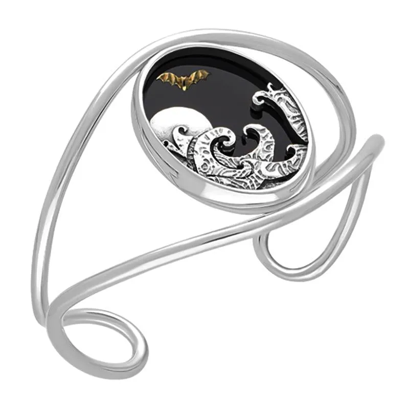 Sterling Silver 9ct Yellow Gold Whitby Jet Moon Wave Bat Cuff Bangle sold by Jura Watches