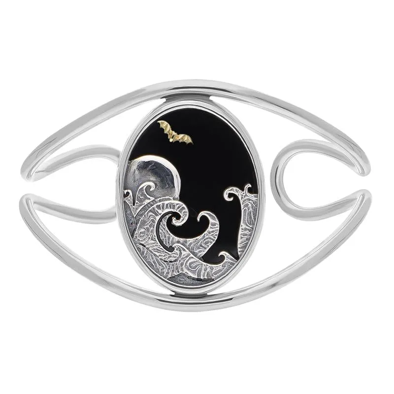 Sterling Silver 9ct Yellow Gold Whitby Jet Moon Wave Bat Cuff Bangle sold by Jura Watches product image thumbnail 2