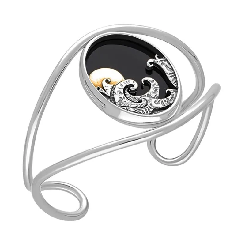 Sterling Silver and Yellow Gold Plated Whitby Jet Moon and Wave Cuff Bangle sold by Jura Watches