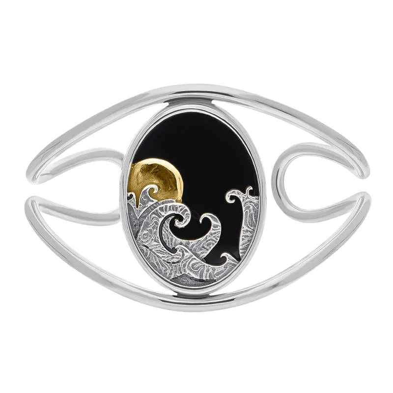 Sterling Silver and Yellow Gold Plated Whitby Jet Moon and Wave Cuff Bangle sold by Jura Watches product image thumbnail 2