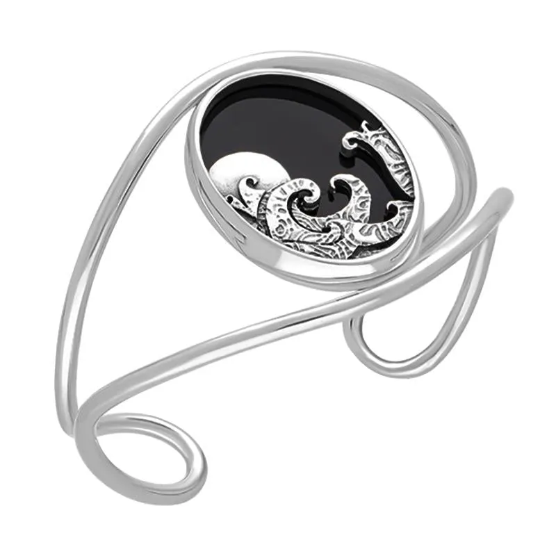 Sterling Silver Whitby Jet Gothic Moon and Wave Cuff Bangle sold by Jura Watches