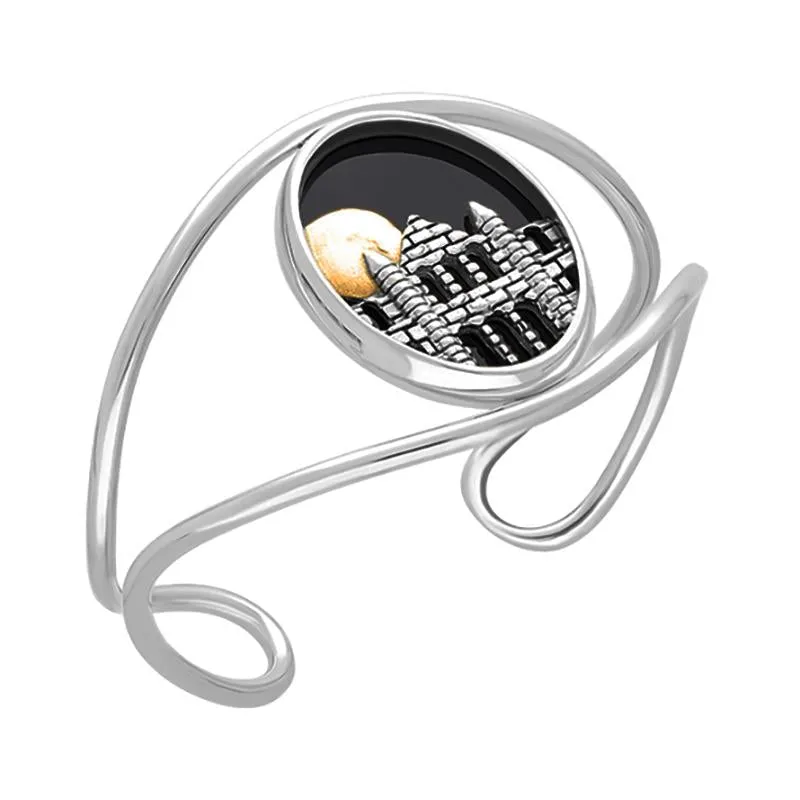 Sterling Silver and Yellow Gold Plated Whitby Jet Moon and Abbey Cuff Bangle sold by Jura Watches
