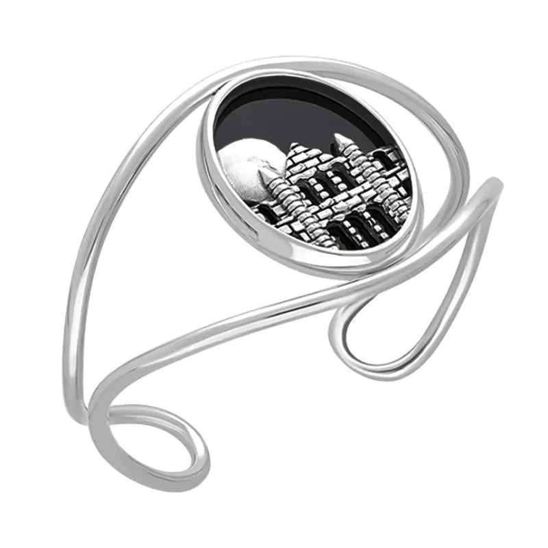 Sterling Silver Whitby Jet Gothic Moon and Abbey Cuff Bangle sold by Jura Watches