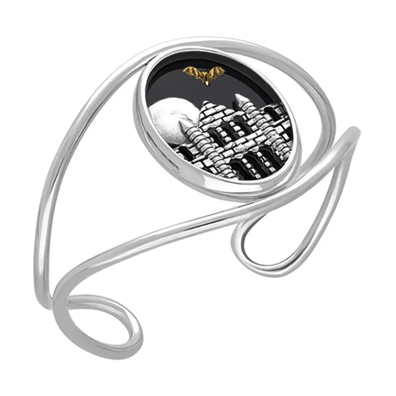Sterling Silver 9ct Yellow Gold Whitby Jet Moon Abbey Bat Cuff Bangle sold by Jura Watches