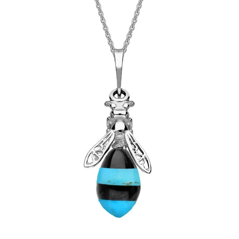 Sterling Silver Whitby Jet Turquoise Bee Drop Necklace sold by Jura Watches