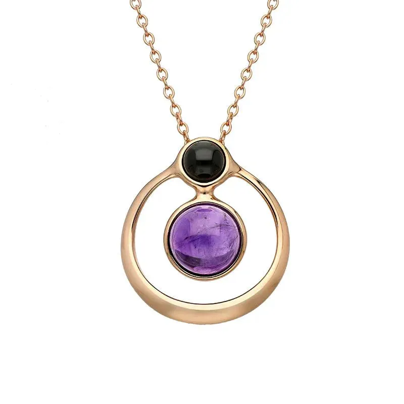 Rose Gold Plated Sterling Silver Whitby Jet Amethyst Two Stone Open Circle Necklace sold by Jura Watches