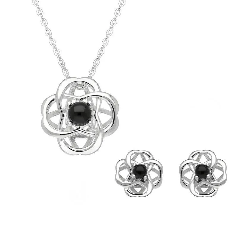 Sterling Silver Whitby Jet Open Round Flower Two Piece Set sold by Jura Watches