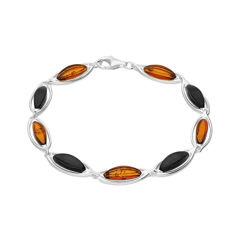 Sterling Silver Whitby Jet Amber Marquise Shaped Nine Stone Bracelet sold by Jura Watches