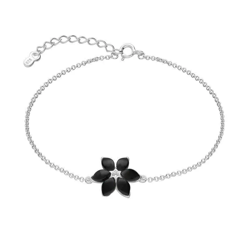Sterling Silver Whitby Jet Six Stone Petal Flower Bracelet sold by Jura Watches