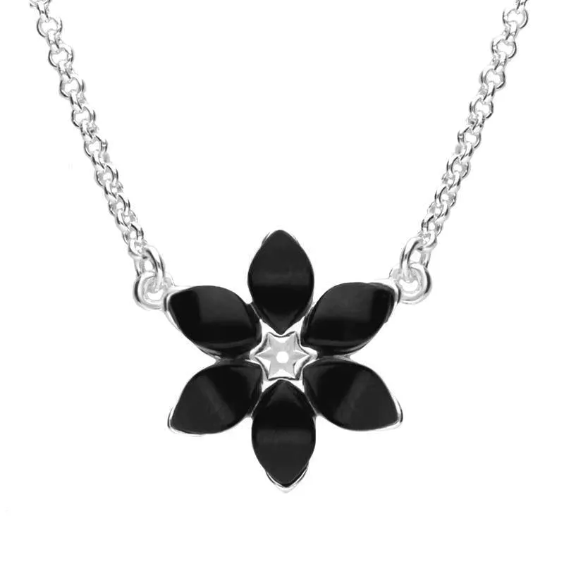 Sterling Silver Whitby Jet Flower Necklace sold by Jura Watches