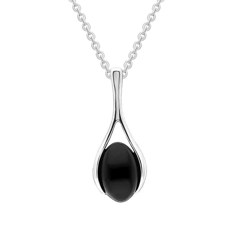 Sterling Silver Whitby Jet Oval Long Drop Pendant sold by Jura Watches