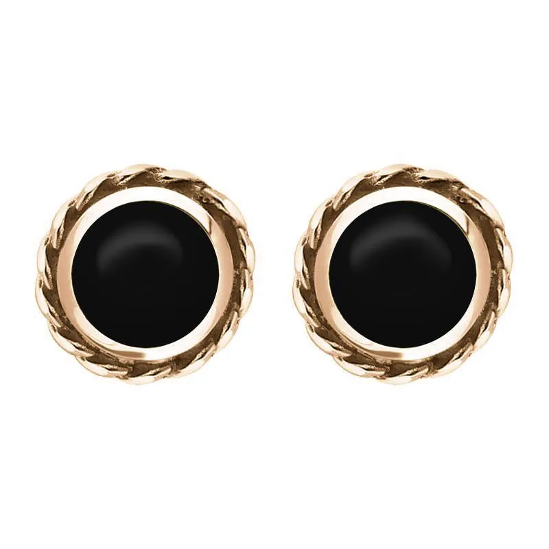 9ct Rose Gold Whitby Jet Round Twist Edge Stud Earrings sold by Jura Watches
