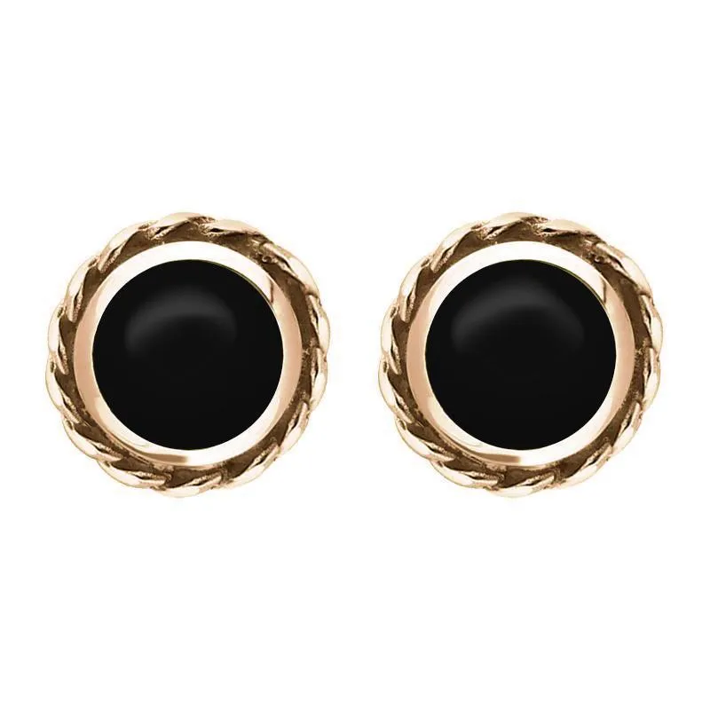 18ct Rose Gold Whitby Jet Round Twist Edge Stud Earrings sold by Jura Watches