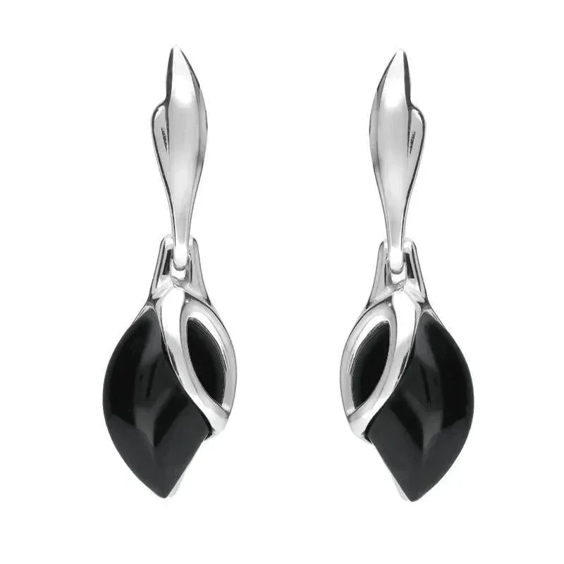 Sterling Silver Whitby Jet Leaf Shaped Open Top Drop Earrings sold by Jura Watches
