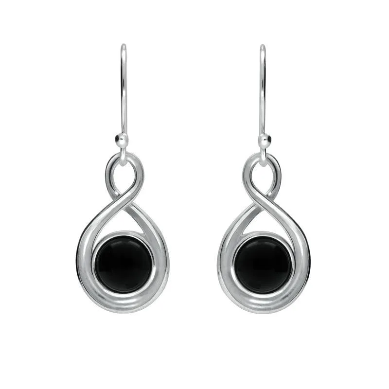 Sterling Silver Whitby Jet Round Ridged Edge Loop Drop Earrings sold by Jura Watches