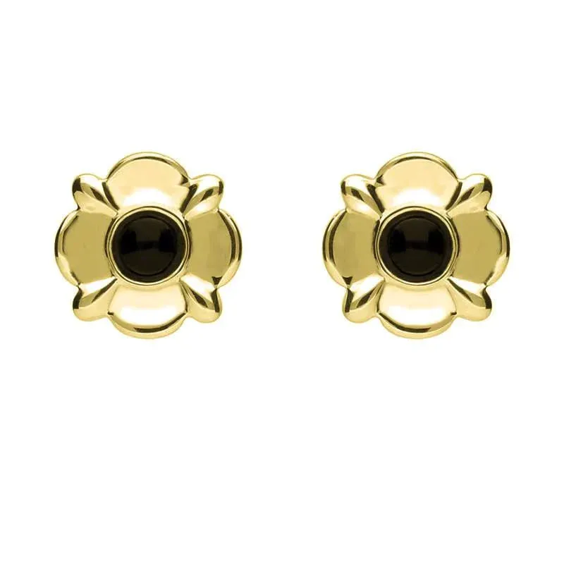 9ct Yellow Gold Whitby Jet Four Petal Flower Stud Earrings sold by Jura Watches