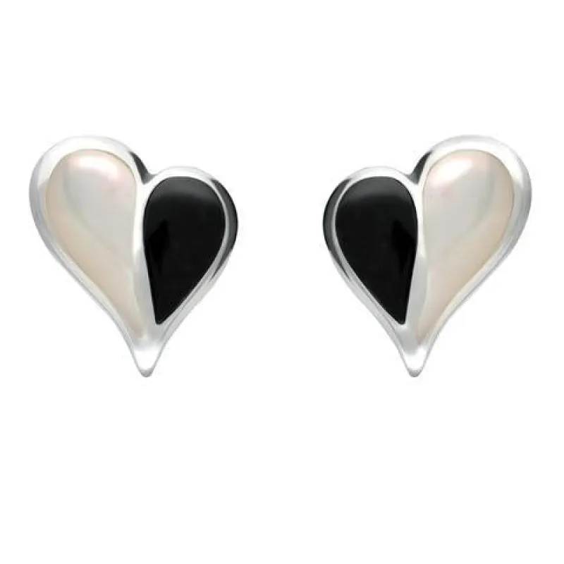 Sterling Silver Whitby Jet Mother of Pearl Split Heart Stud Earrings sold by Jura Watches