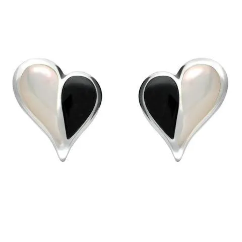 Sterling Silver Whitby Jet Mother of Pearl Split Heart Stud Earrings sold by Jura Watches