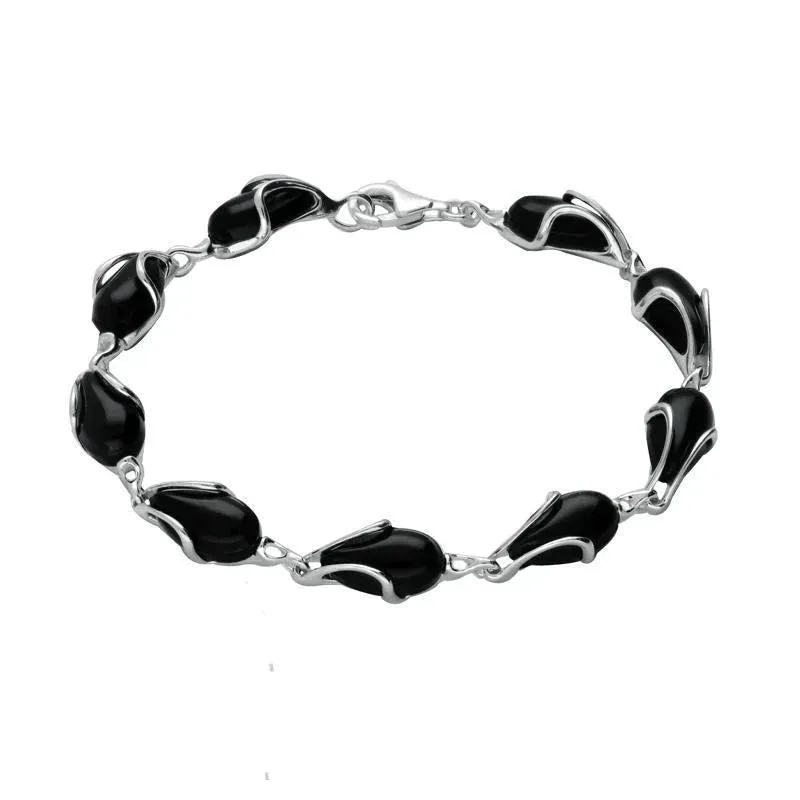 Sterling Silver Whitby Jet 9 Stone Pear Wave Edge Bracelet sold by Jura Watches