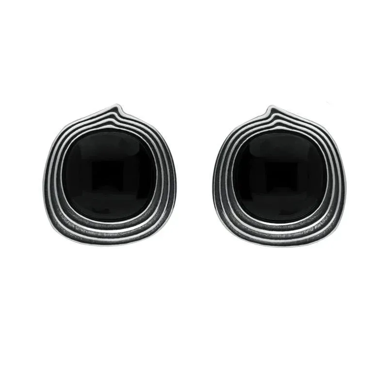 Sterling Silver Whitby Jet Cushion Stone Pattern Edge Stud Earrings sold by Jura Watches
