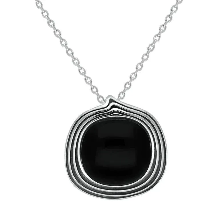 Sterling Silver Whitby Jet Cushion Stone Pattern Edge Necklace sold by Jura Watches