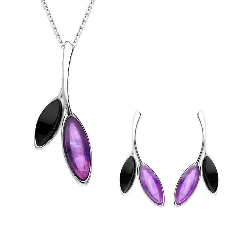 Sterling Silver Whitby Jet Amethyst Two Stone Leaf Two Piece Set sold by Jura Watches