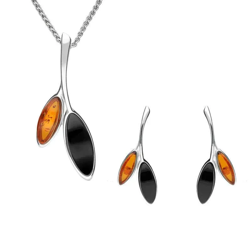 Sterling Silver Whitby  Amber Two Stone Leaf Two Piece Set sold by Jura Watches