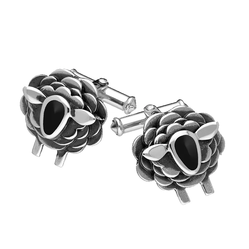 9ct White Gold Whitby Jet Sheep Cufflinks sold by Jura Watches