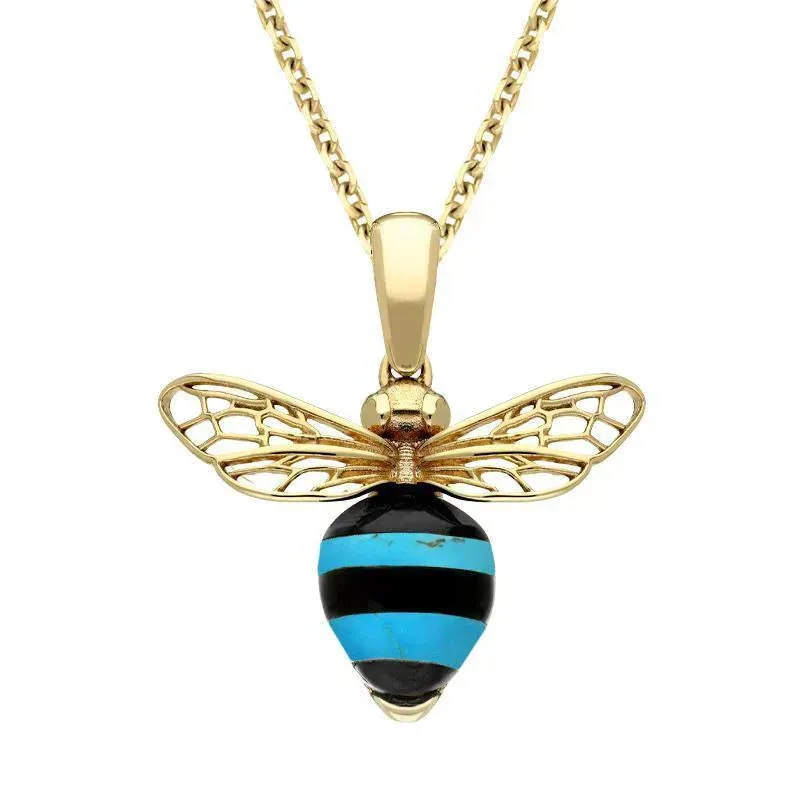 9ct Yellow Gold Whitby Jet Turquoise Winged Bee Necklace sold by Jura Watches