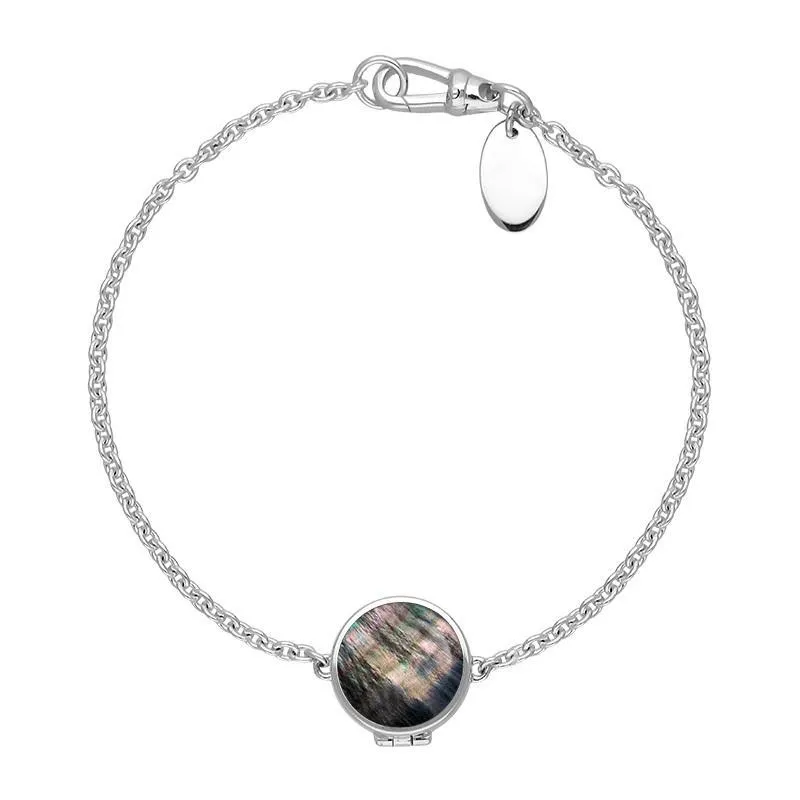 Sterling Silver Dark Mother of Pearl Round Locket Chain Bracelet sold by Jura Watches