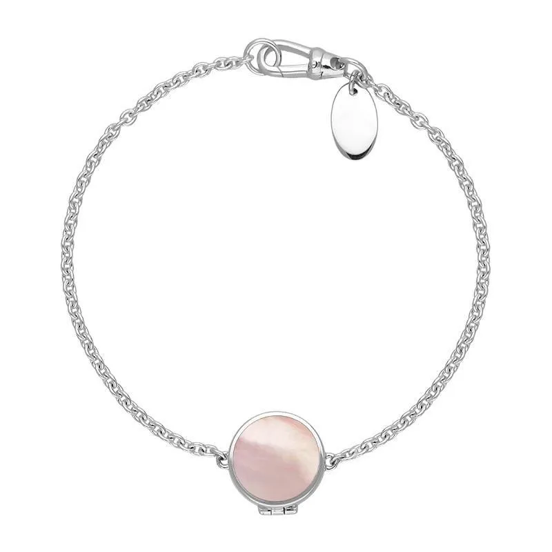 Sterling Silver Pink Mother of Pearl Round Locket Chain Bracelet sold by Jura Watches