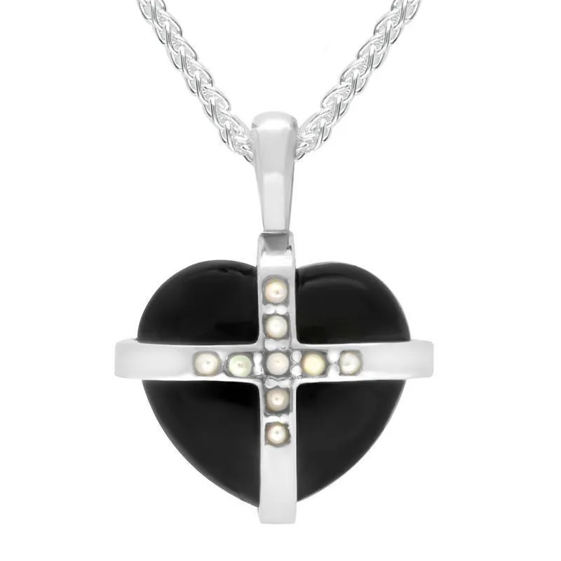 Sterling Silver Whitby Jet Pearl Small Cross Heart Necklace sold by Jura Watches
