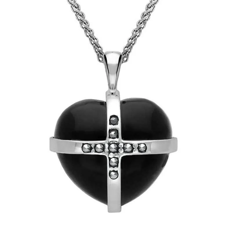 Sterling Silver Whitby Jet Marcasite Medium Cross Heart Necklace sold by Jura Watches
