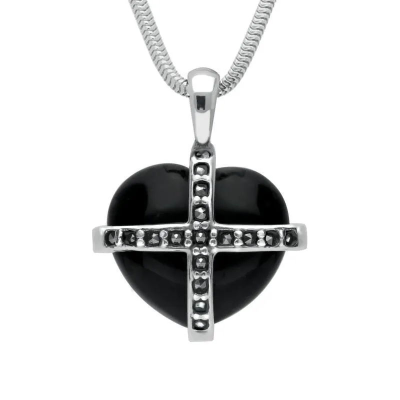 Sterling Silver Whitby Jet Seventeen Marcasite Small Cross Heart Necklace sold by Jura Watches