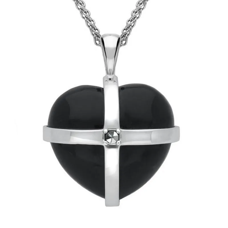 Sterling Silver Whitby Jet Marcasite Large Cross Heart Necklace sold by Jura Watches