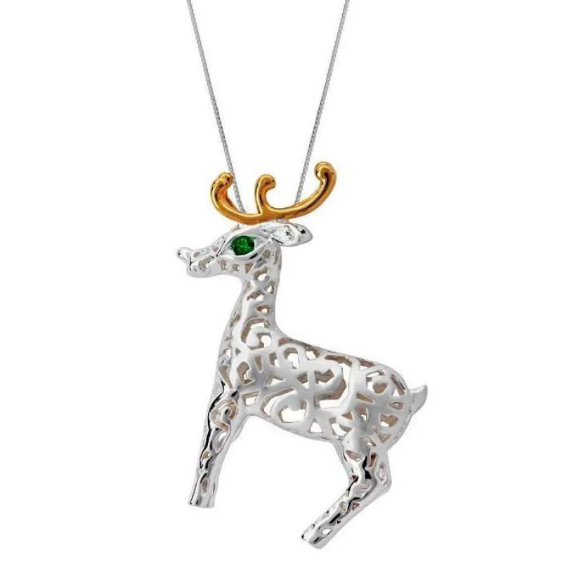 Sterling Silver Green Zirconia Large Reindeer Necklace sold by Jura Watches