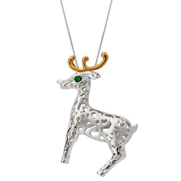 Sterling Silver Green Zirconia Large Reindeer Necklace sold by Jura Watches
