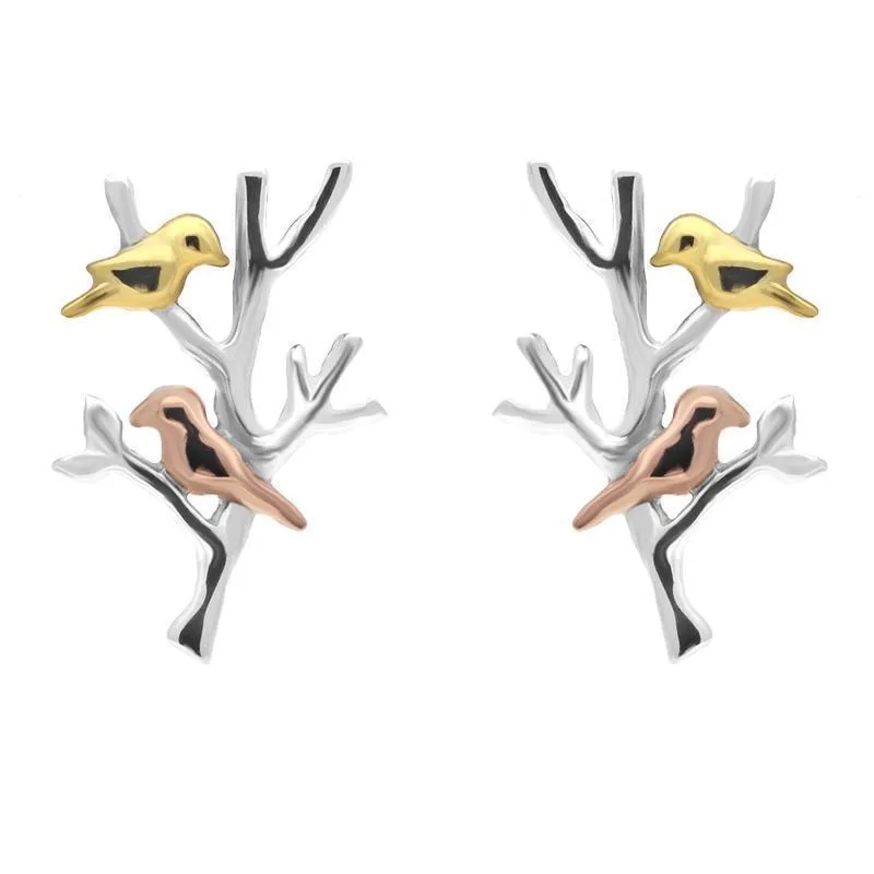 Yellow Rose Gold Sterling Silver Plated Partridge in a Pear Tree Stud Earrings D sold by Jura Watches