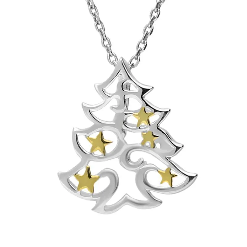Sterling Silver Gold Plated Christmas Tree with Stars Necklace sold by Jura Watches