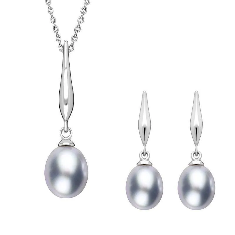 Sterling Silver Grey Freshwater Pearl Drop Two Piece Set sold by Jura Watches
