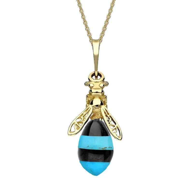 9ct Yellow Gold Whitby Jet Turquoise Bee Drop Necklace sold by Jura Watches