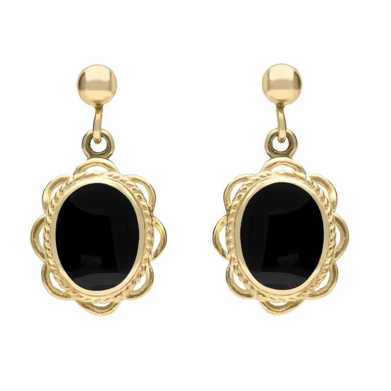 9ct Yellow Gold Whitby Jet Rope Oval Frill Drop Earrings sold by Jura Watches