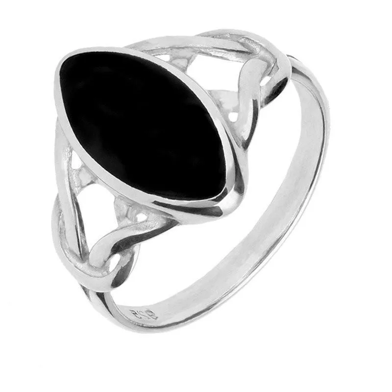 Sterling Silver Whitby Jet Marquise Celtic Ring sold by Jura Watches