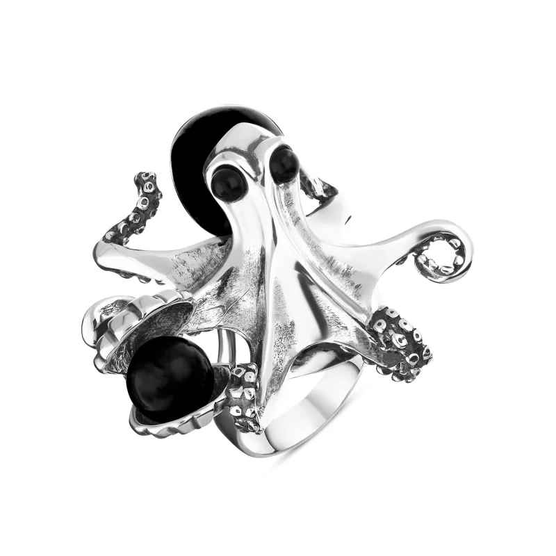 Sterling Silver Whitby Jet Octopus Ring sold by Jura Watches