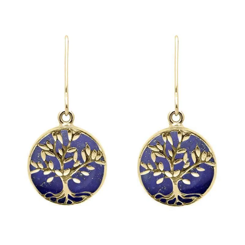 9ct Yellow Gold Lapis Lazuli Round Large Tree of Life Leaves Drop Earrings sold by Jura Watches