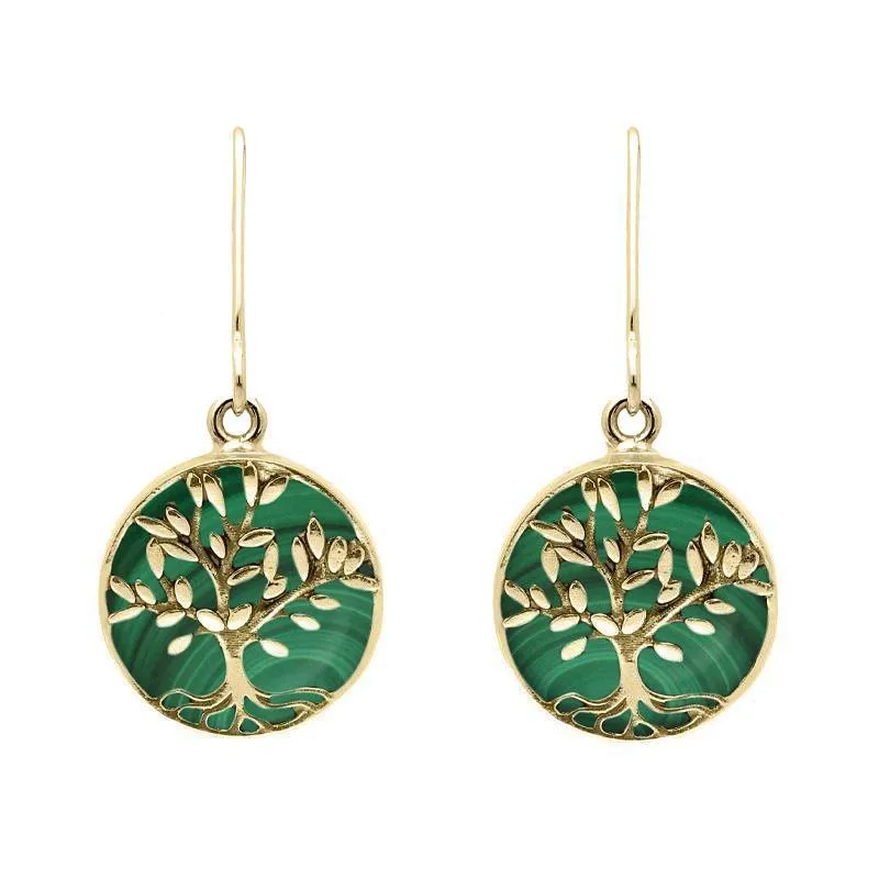 9ct Yellow Gold Malachite Round Large Tree of Life Leaves Drop Earrings sold by Jura Watches