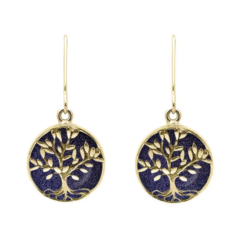 9ct Yellow Gold Blue Goldstone Round Large Tree of Life Leaves Drop Earrings sold by Jura Watches