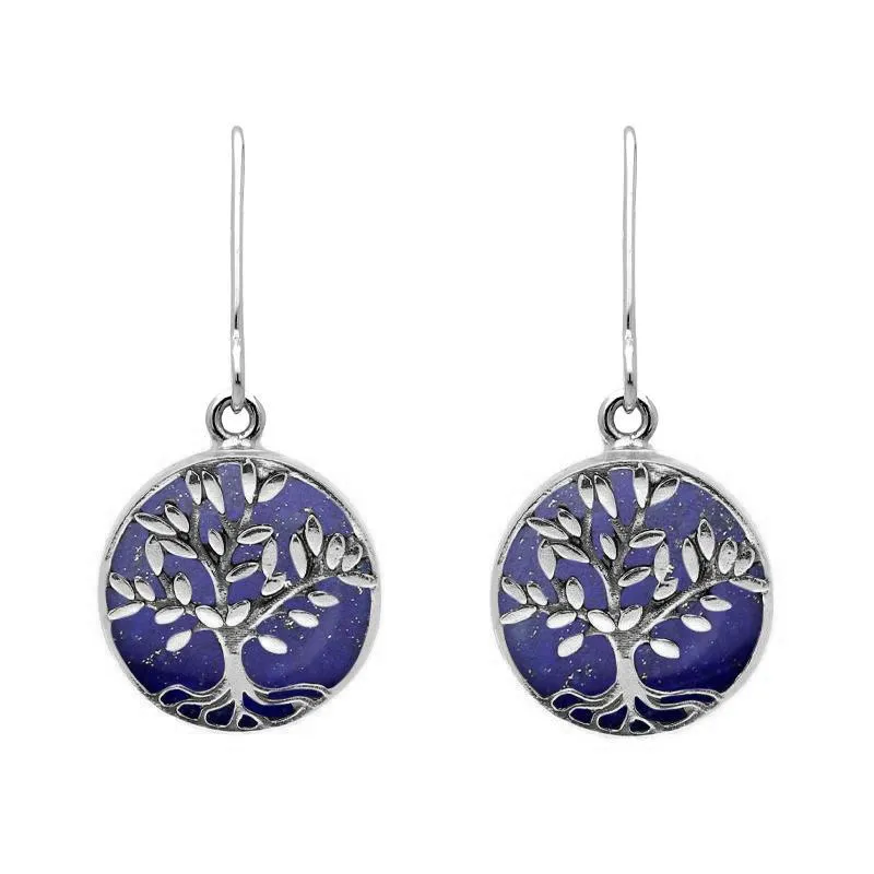 Sterling Silver Lapis Lazuli Round Large Tree of Life Leaves Drop Earrings sold by Jura Watches
