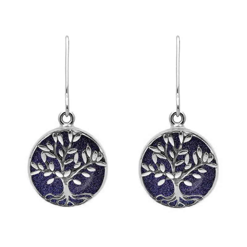 Sterling Silver Blue Goldstone Round Large Tree of Life Leaves Drop Earrings sold by Jura Watches
