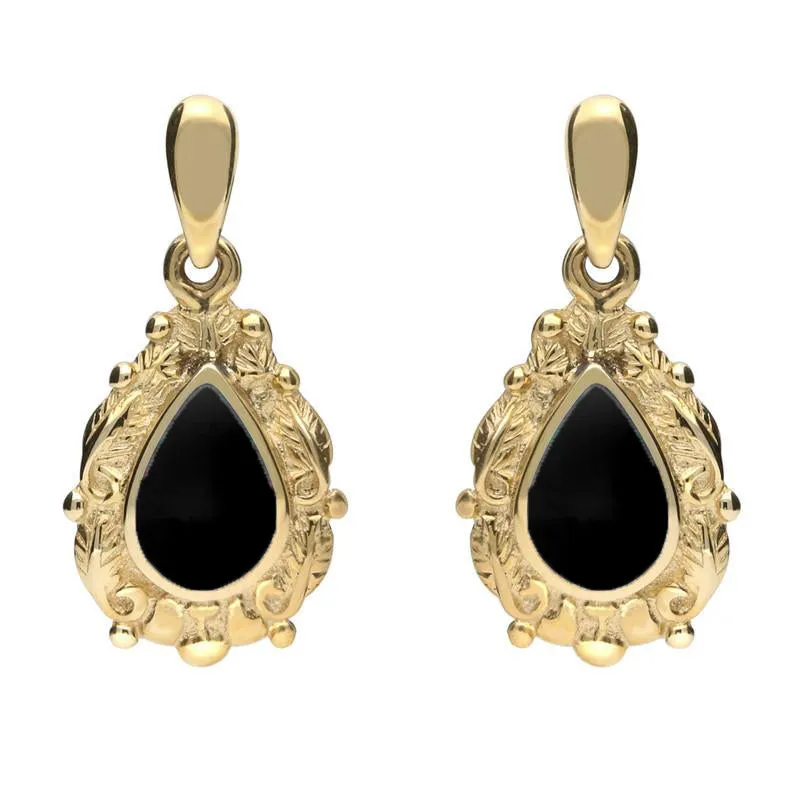 18ct Yellow Gold Whitby Jet Pear Shaped Leaf Drop Earrings sold by Jura Watches